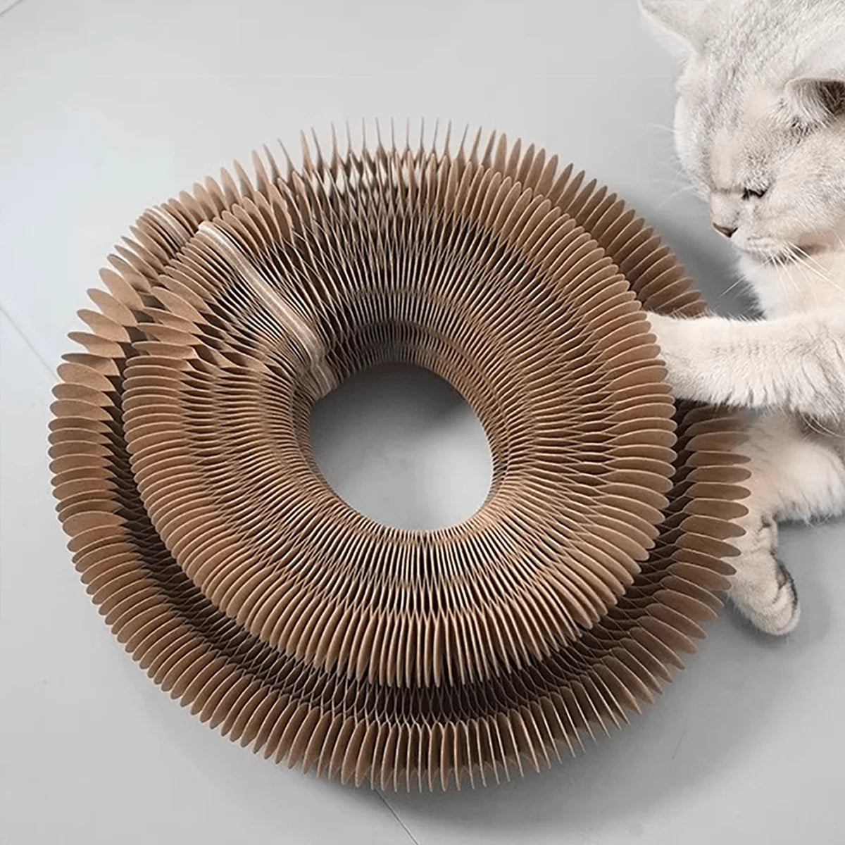 Furvio Shop transformable accordion cat scratcher and ball track with colorful cardboard surfaces and playful design for cats.