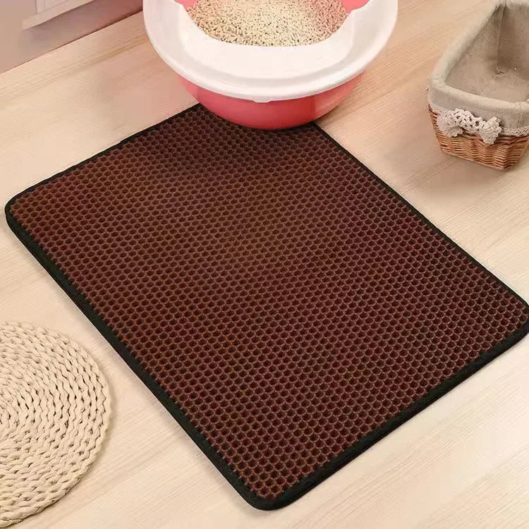 Furvio Shop cat litter mat with double layer waterproof design, non-slip surface, washable pet litter box pad, and clean sand trap.