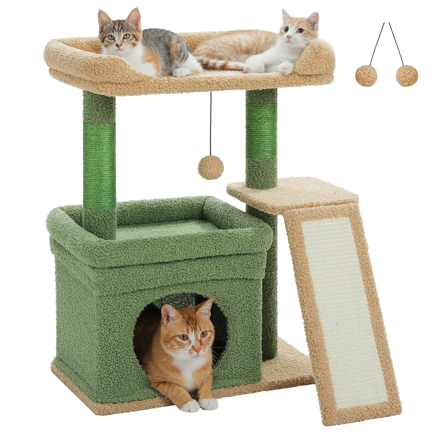 Furvio Shop compact 3-tier cat tree with scratching pad, featuring cozy platforms and sisal scratching posts for cats to climb and scratch.