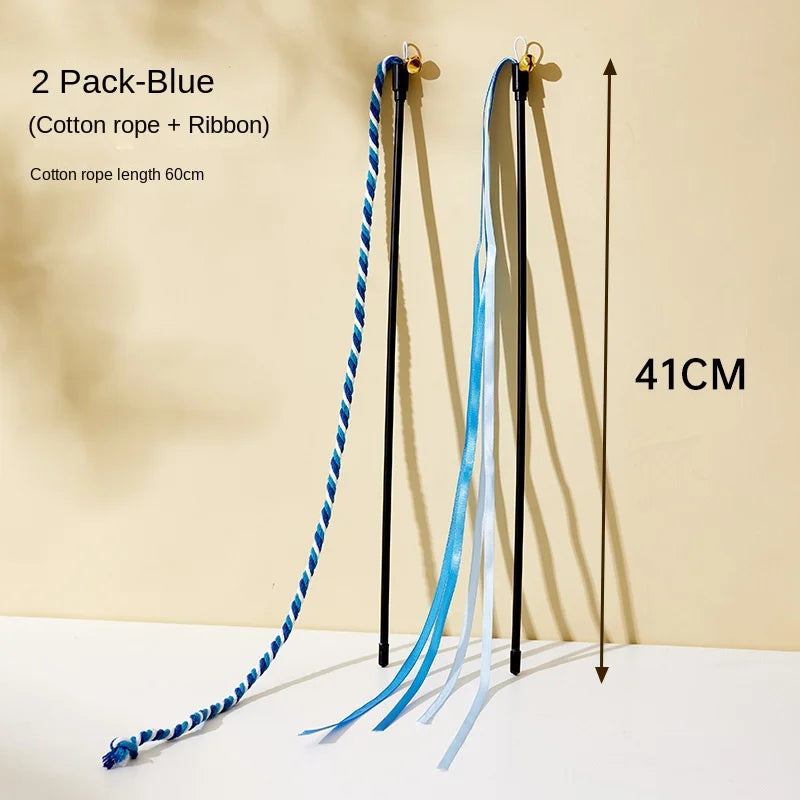 Furvio Shop cotton rope and ribbon cat teaser wand with colorful feathers for interactive play and feline entertainment.