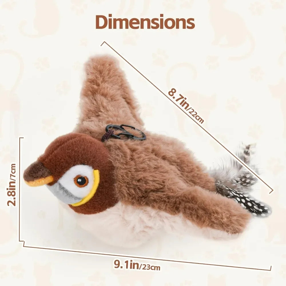 Furvio Shop interactive flapping bird cat toy with USB rechargeable feature, showing a colorful bird toy with feathers and a playful design