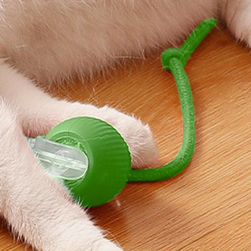 Furvio Shop smart interactive rolling cat ball with a colorful tail, designed to entertain cats with moving and spinning features.