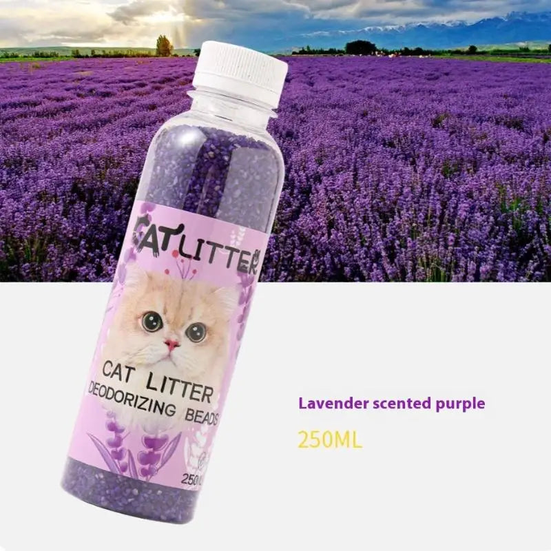 Long-lasting Furvio Shop cat litter deodorizing beads in a clear container, showing small odor-control beads inside.