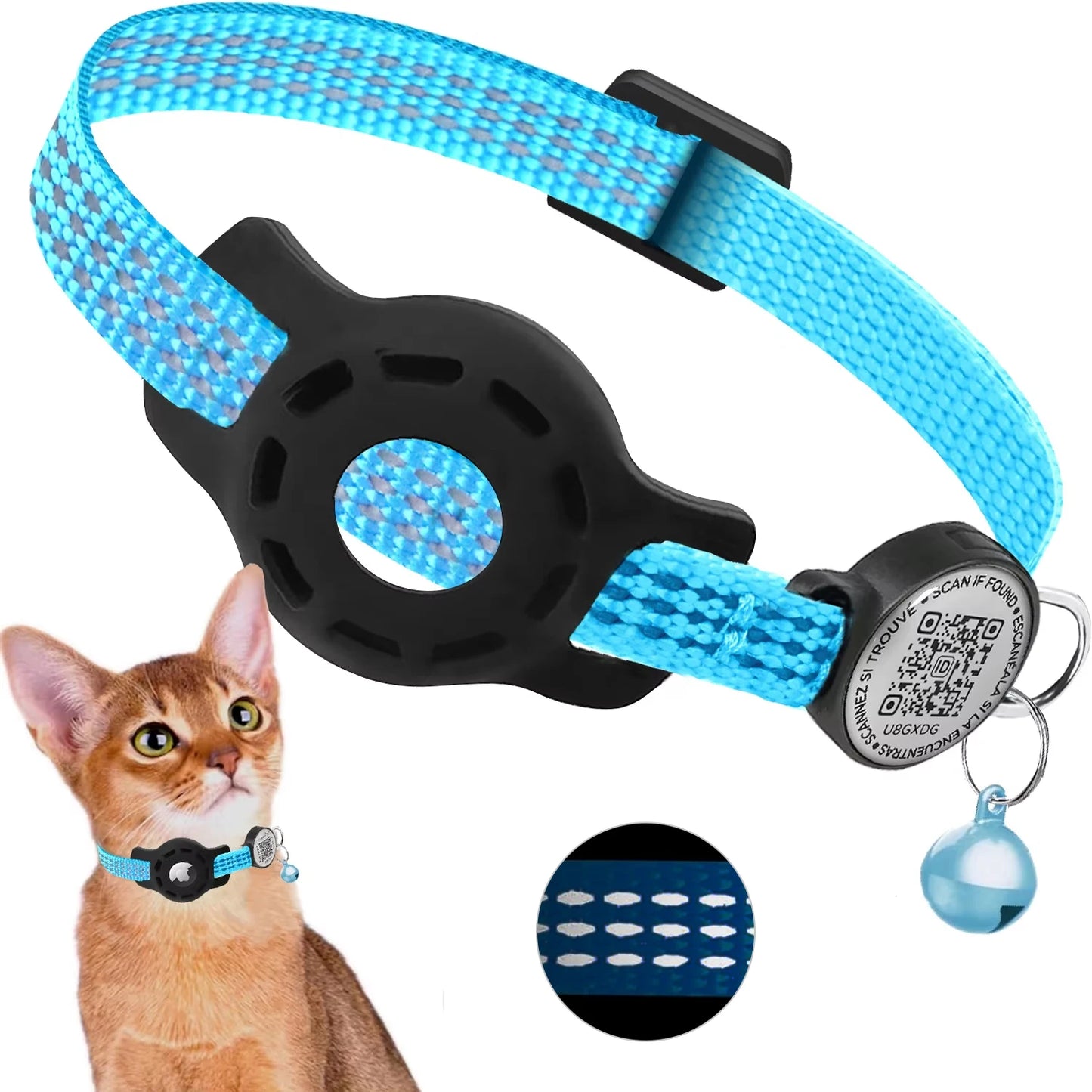 Furvio Shop Smart AirTag and QR code cat collar with adjustable strap and safety buckle on a white background.