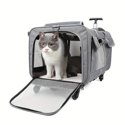 Large portable pet trolley carrier from Furvio Shop, with mesh sides and sturdy wheels for easy transport of pets.