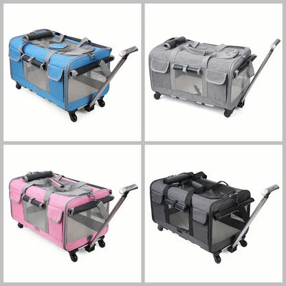 Extra large Furvio Shop portable pet trolley carrier with mesh sides and sturdy wheels, ideal for traveling with large pets.