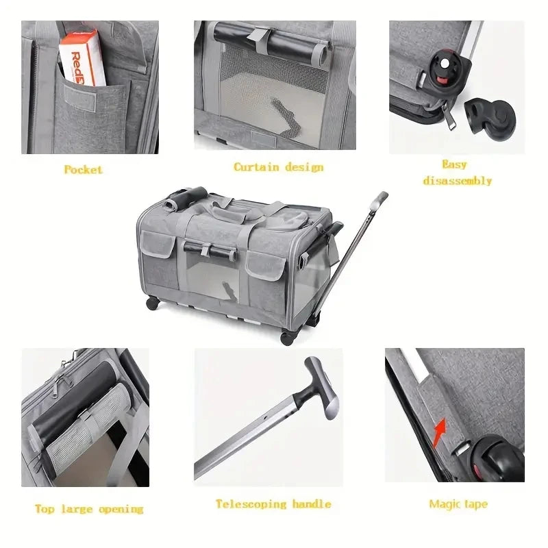 Large Furvio Shop portable pet trolley carrier with mesh sides and wheels, ideal for traveling with small pets.