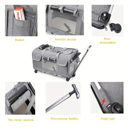 Large Furvio Shop portable pet trolley carrier with mesh sides and wheels, ideal for traveling with small pets.