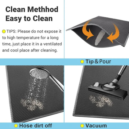 Furvio Shop waterproof double-layer cat litter mat with non-slip surface and washable design, shown with cat litter and sand.