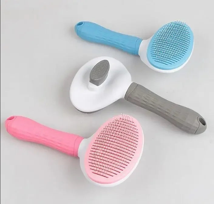 Furvio Shop self-cleaning pet grooming brush with ergonomic handle and stainless steel bristles for easy fur removal and grooming