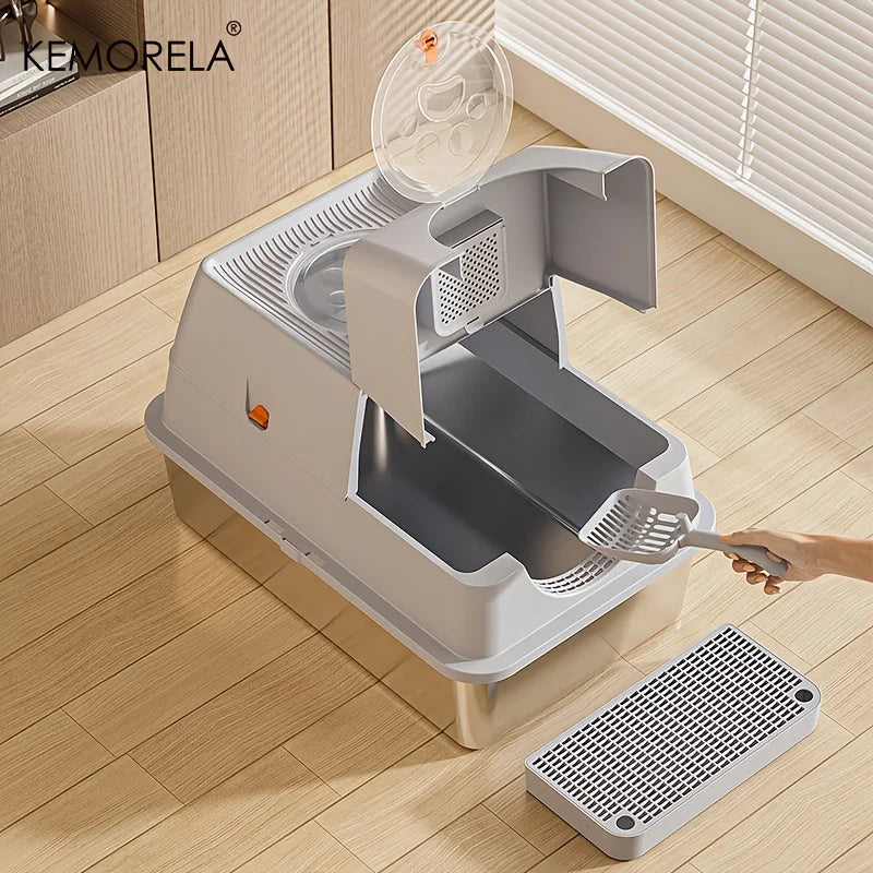 Furvio Shop odor-proof stainless steel enclosed litter box with lid and door for cats, durable and easy to clean.