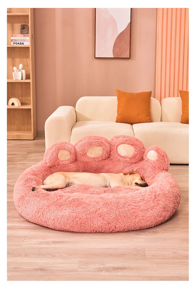 Ultra-soft plush paw-shaped pet bed by Furvio Shop, winter warm and cozy for small dogs and cats, with plush interior and paw design.