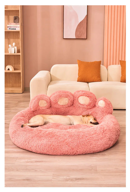 Ultra-soft plush paw-shaped pet bed by Furvio Shop, winter warm and cozy for small dogs and cats, with plush interior and paw design.