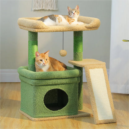 Furvio Shop compact 3-tier cat tree with scratching pad, featuring cozy platforms and sisal scratching posts for cats.