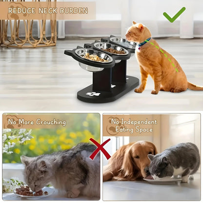 Elevated triple stainless steel cat bowl set by Furvio Shop with three bowls on a raised stand for easy feeding.