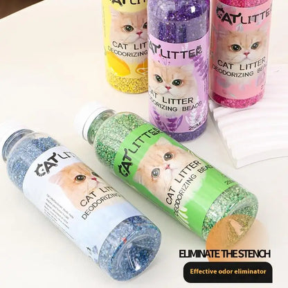 Furvio Shop long-lasting cat litter deodorizing beads in a clear container, showcasing the small, fragrant beads inside.