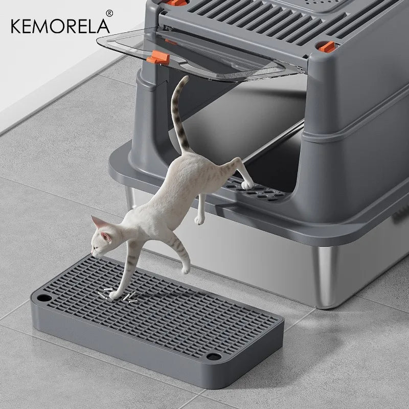 Premium stainless steel enclosed litter box by Furvio Shop with a sleek design and entrance opening for easy cleaning.