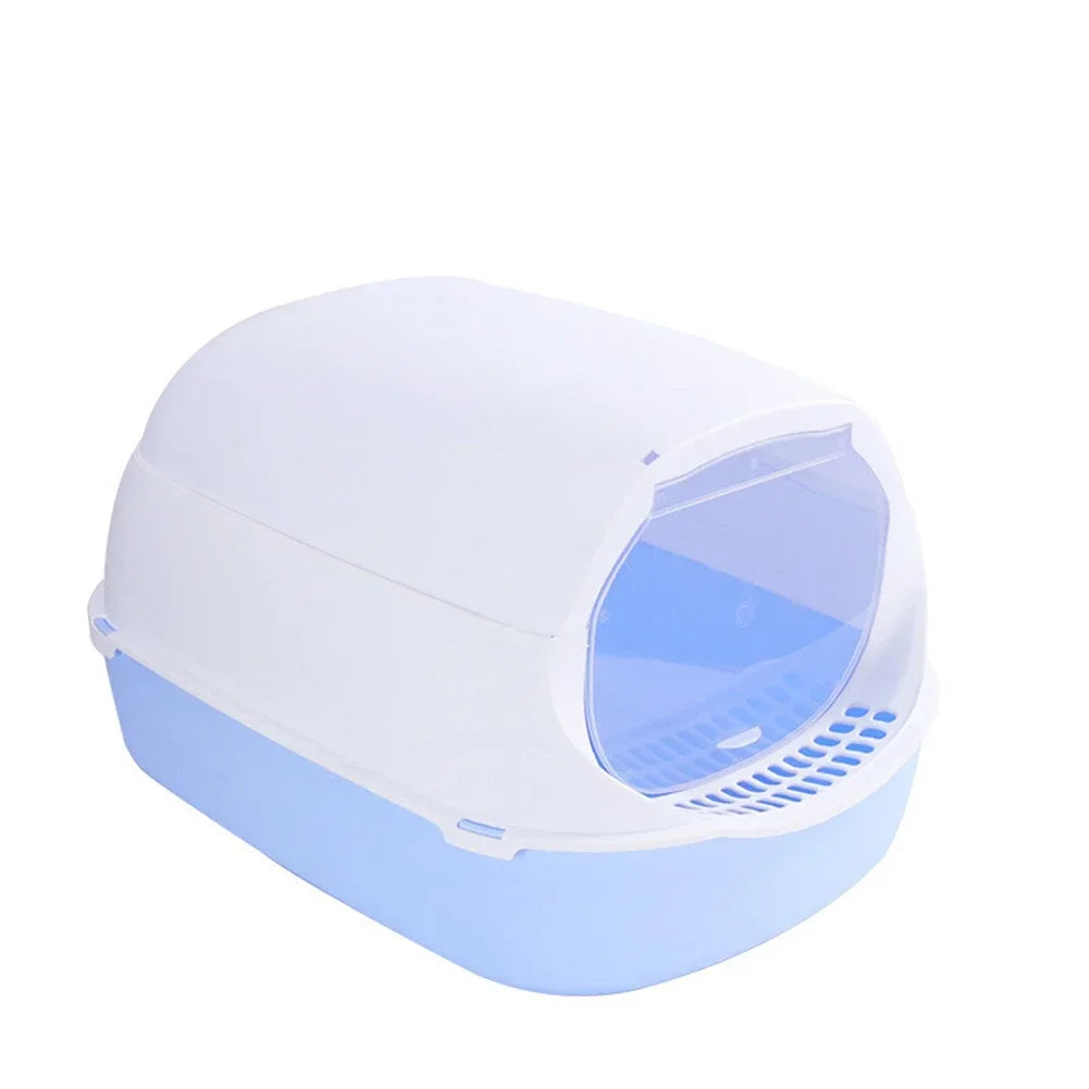 Semi-enclosed splashproof cat litter box by Furvio Shop with high sides and a front entrance for easy access and containment