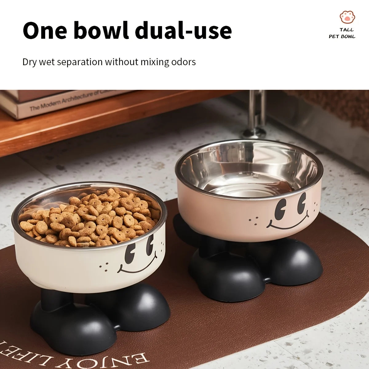 Furvio Shop Smiley Footed Elevated Pet Bowl with colorful smiley design and sturdy raised stand for comfortable pet eating.