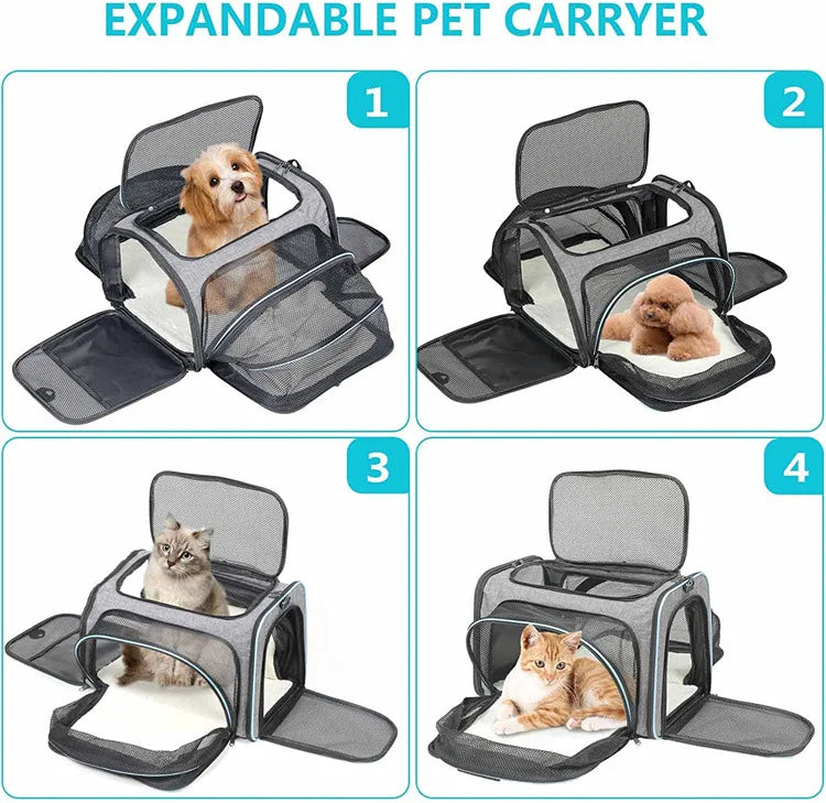 Expandable breathable pet carrier bag by Furvio Shop with mesh panels, compact design, and adjustable features for pet comfort.