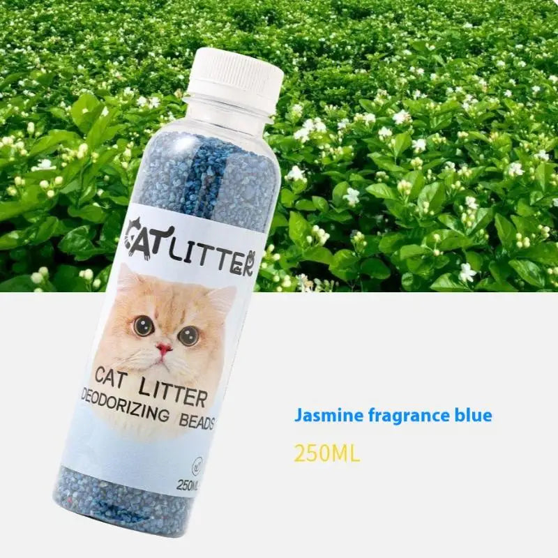Furvio Shop long-lasting cat litter deodorizing beads in a clear container, designed to control odors and keep litter fresh.
