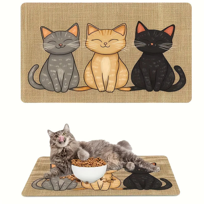 Three Cats Diatom Mud Feeding Mat from Furvio Shop showing the textured gray mat with three playful cats sitting on it