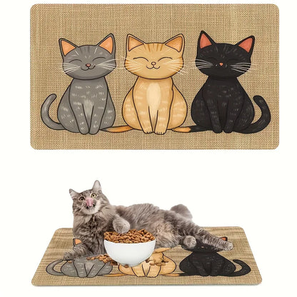 Three Cats Diatom Mud Feeding Mat from Furvio Shop showing the textured gray mat with three playful cats sitting on it