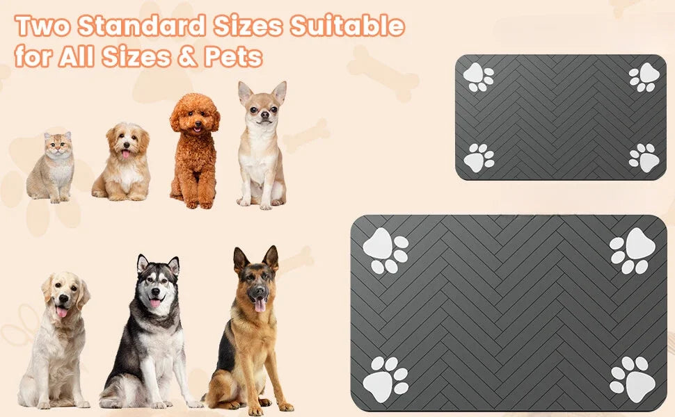 Furvio Shop quick-dry absorbent pet feeding mat with colorful paw print design on soft, durable fabric.