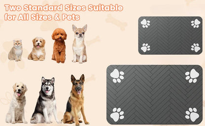 Furvio Shop quick-dry absorbent pet feeding mat with colorful paw print design on soft, durable fabric.