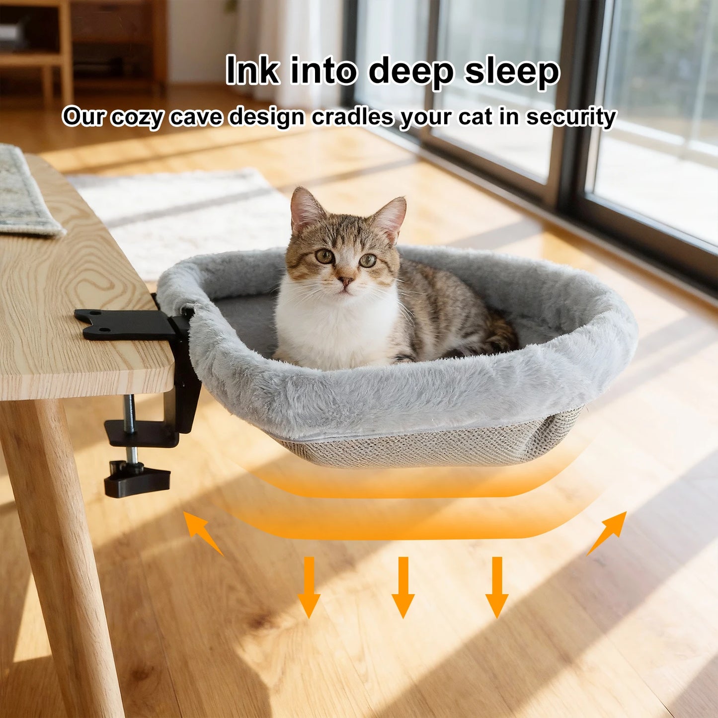 Furvio Shop folding semi-circular cat desk bed and hammock with soft fabric and sturdy frame, ideal for feline comfort and rest.
