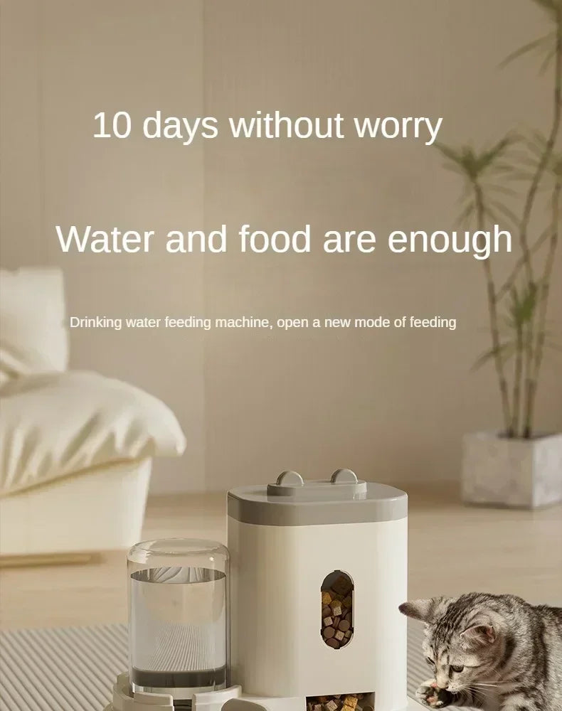 Furvio Shop 2-in-1 automatic pet feeder and water dispenser with sleek design, showing the device with food and water compartments.