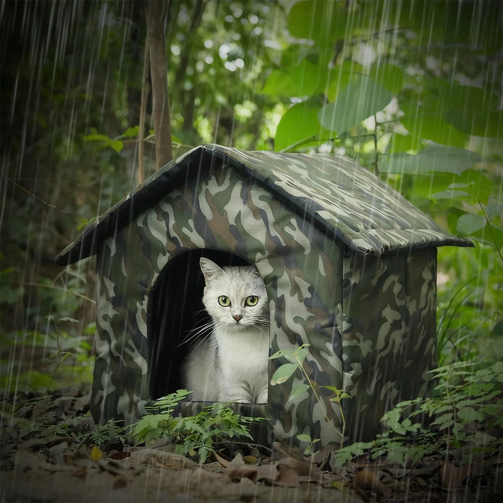Waterproof outdoor cat house and shelter by Furvio Shop, showing a cozy, weather-resistant shelter for cats with entry door and rooftop.