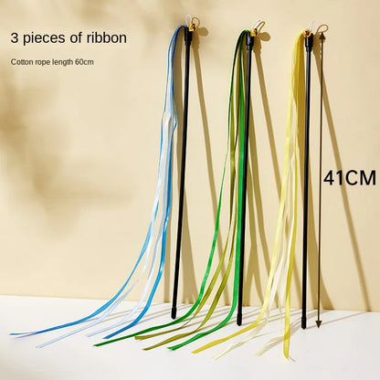 Furvio Shop interactive cotton rope and ribbon cat teaser wand with colorful feathers and flexible handle for playful cats