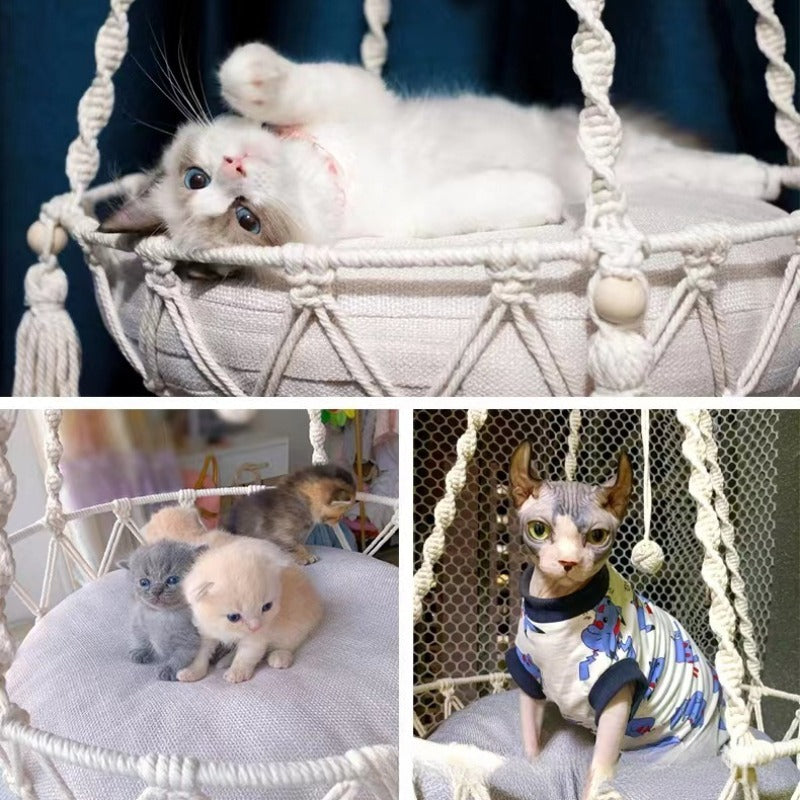 Boho macrame hand-woven cat hammock swing by Furvio Shop, featuring a stylish, cozy resting spot for cats with intricate knot detailing.