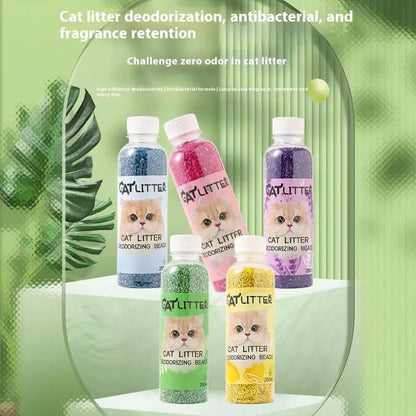 Furvio Shop long-lasting cat litter deodorizing beads in a clear container, designed to control odors and freshen cat litter boxes.