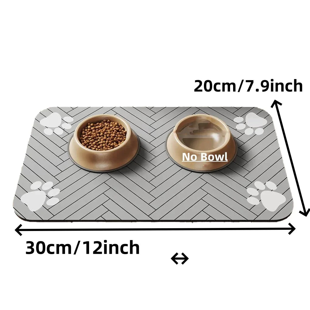 Furvio Shop quick-dry absorbent pet feeding mat with colorful paw print design, ideal for keeping feeding areas clean