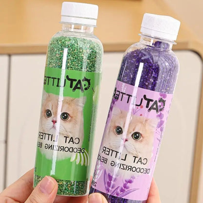 Long-lasting cat litter deodorizing beads by Furvio Shop shown in a clear container with small, fragrant beads for odor control