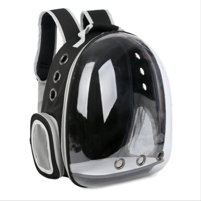 Transparent space capsule pet backpack by Furvio Shop with clear viewing window and adjustable straps for comfortable carrying.