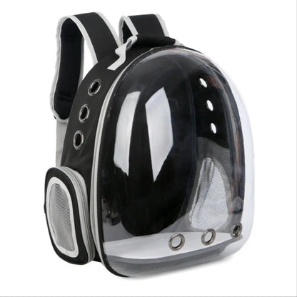 Transparent space capsule pet backpack by Furvio Shop with clear viewing window and adjustable straps for comfortable carrying.