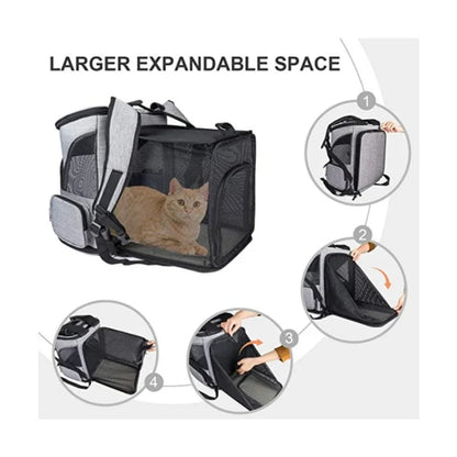 Breathable pet carrier backpack by Furvio Shop with expandable sides, mesh panels, and adjustable straps for comfortable travel.