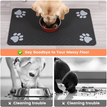 Furvio Shop quick-dry absorbent pet feeding mat with colorful paw print design, ideal for preventing spills during pet feeding.