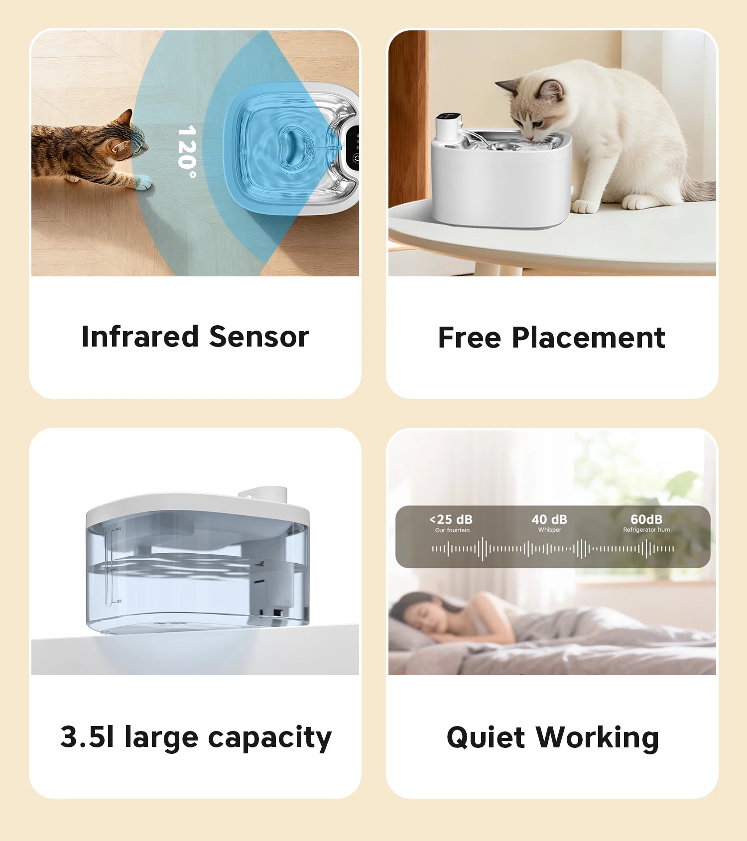 Furvio Shop AquaFlow Wireless Smart Pet Fountain with 3.5L capacity, showing sleek design and water spout for pets.