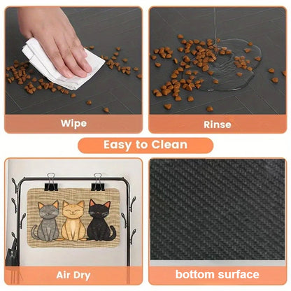 Three Cats Diatom Mud Feeding Mat by Furvio Shop, soft and absorbent mat for cat feeding areas, featuring a colorful cat design.