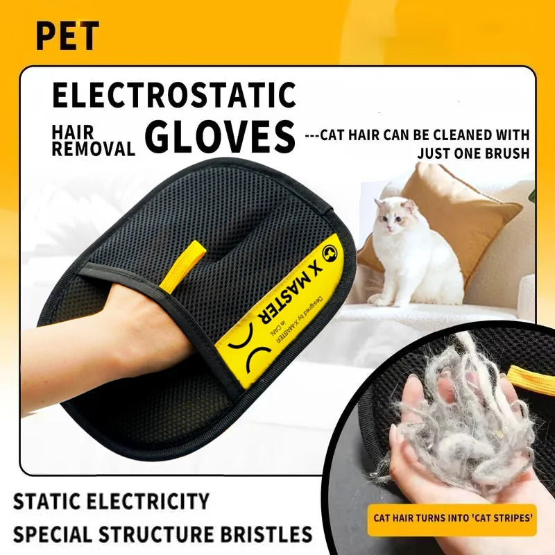 Furvio Shop electrostatic pet hair remover glove showing hand wearing the glove with collected pet hair on the surface.