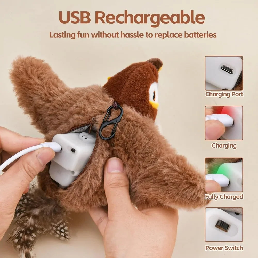 Furvio Shop interactive flapping bird cat toy with USB rechargeable feature, showing colorful, realistic bird design for feline play.