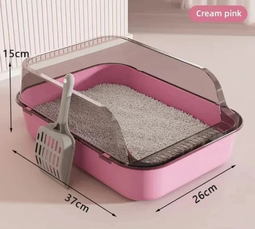 Semi-enclosed splashproof cat litter box by Furvio Shop with a high side entrance and ventilation for easy cleaning.