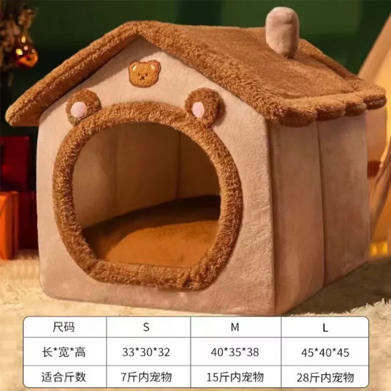 Foldable Furvio Shop winter pet villa with plush interior, cozy pet house for small dogs and cats, portable and warm for winter comfort.