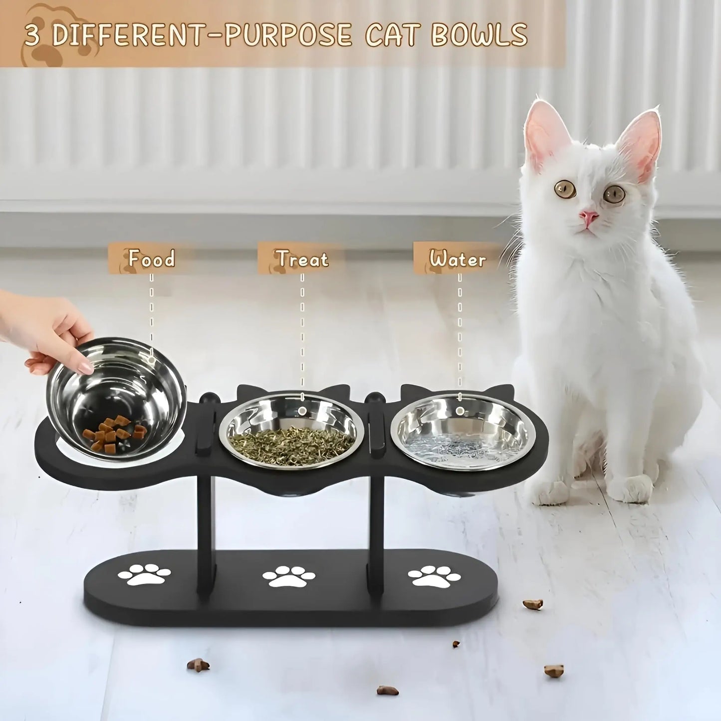 Triple stainless steel cat bowl set by Furvio Shop with elevated stands and shiny bowls, ideal for feeding cats comfortably.