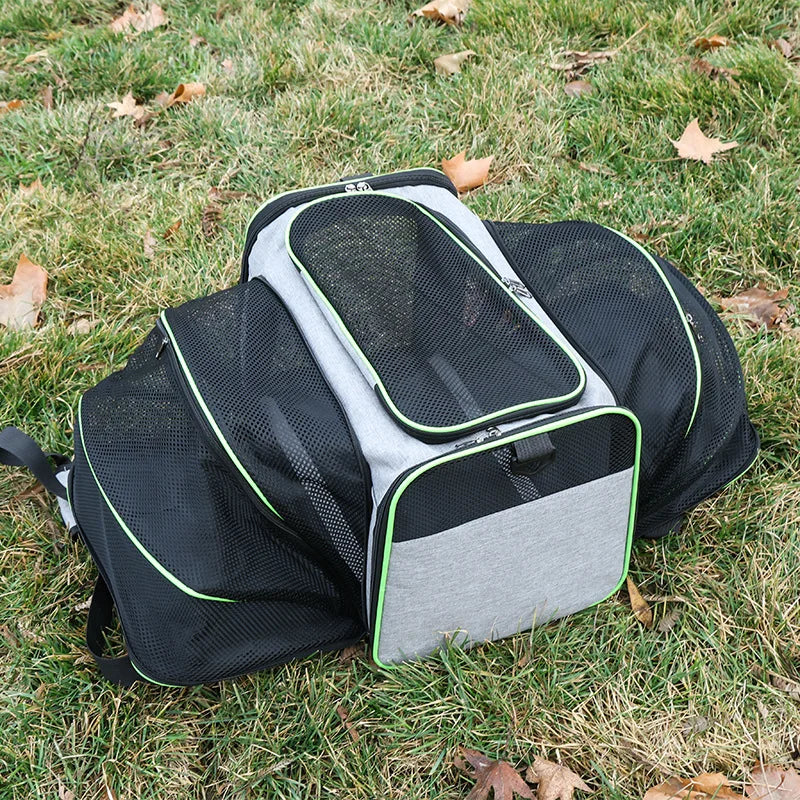 Expandable breathable Furvio Shop pet carrier bag with mesh sides and sturdy handle for comfortable travel with small pets.