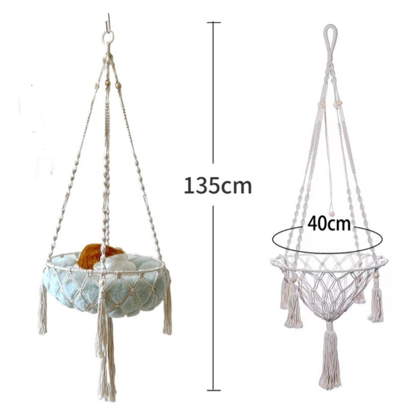 Boho Macrame Hand-Woven Cat Hammock Swing by Furvio Shop, featuring intricate knotted design and cozy resting space for cats.